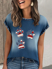 T-shirt de patte de chat de denim de drapeau du jour de l'indépendance des femmes