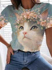 T-shirt décontracté à imprimé chat mignon pour femmes