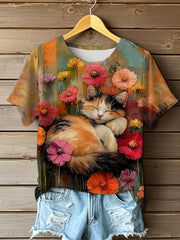 T-shirt à manches courtes de chat de fleurs mignonnes de peinture à l'huile des femmes