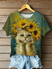 T-shirt à manches courtes de chat de fleurs mignonnes de peinture à l'huile des femmes