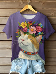 T-shirt à manches courtes de chat de fleurs mignonnes de peinture à l'huile des femmes