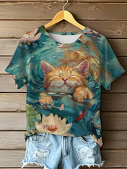 T-shirt à manches courtes de chat de fleurs mignonnes de peinture à l'huile des femmes