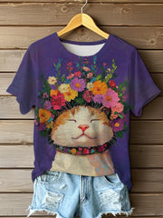 T-shirt à manches courtes de chat de fleurs mignonnes de peinture à l'huile des femmes