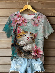 T-shirt à manches courtes de chat de fleurs mignonnes de peinture à l'huile des femmes