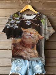 T-shirt à manches courtes de chat de fleurs mignonnes de peinture à l'huile des femmes