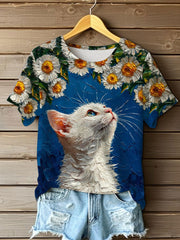T-shirt à manches courtes de chat de fleurs mignonnes de peinture à l'huile des femmes