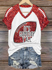 Femmes C'est Football Y'all Glitter Imprimer Football Fans Cadeau Casual V-Neck Tee