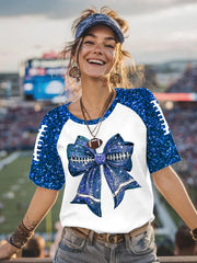Femmes Paillettes Football Bow Imprimer Football Fans Gameday Casual Tee