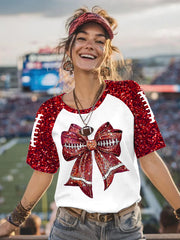Femmes Paillettes Football Bow Imprimer Football Fans Gameday Casual Tee