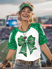 Femmes Paillettes Football Bow Imprimer Football Fans Gameday Casual Tee