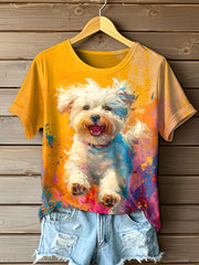 Mignon chien peinture à l'huile Art Vintage T-Shirt des femmes