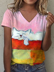 Peinture à l'huile Art Cat Print V-Neck T-Shirt Femme