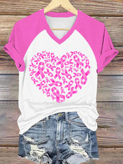 T-shirt rose coeur de ruban de sensibilisation au cancer du sein pour femmes