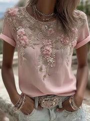 T-shirt décontracté rétro rose rose pour femme