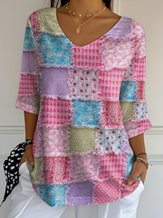 T-shirt décontracté à imprimé patchwork rose pour femmes
