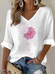 Femmes Rose Ruban Tournesol Foi Sensibilisation au Cancer Du Sein Soutien Col En V Haut