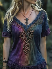 Viking des femmes noeud celtique broderie Gradient Art Vintage lin T-Shirt
