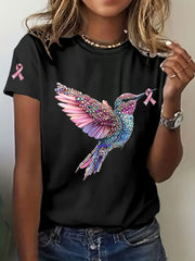 T-shirt décontracté imprimé Colibri de sensibilisation au cancer du sein pour femmes