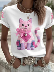 T-shirt rose de soutien de conscience de cancer du sein de ruban de chat rose des femmes