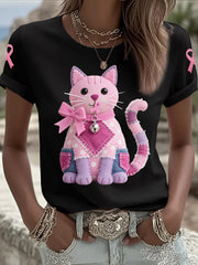 T-shirt rose de soutien de conscience de cancer du sein de ruban de chat rose des femmes