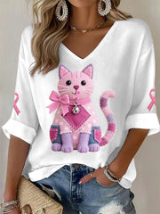 T-shirt à manches longues pour femme Chat rose Ruban de sensibilisation au cancer du sein