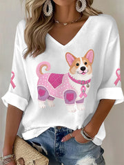 T-shirt à manches longues pour femmes Rose Chien Rose Ruban Soutien Sensibilisation au Cancer du Sein