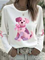 T-shirt à manches longues pour femmes Rose Chien Rose Ruban Soutien Sensibilisation au Cancer du Sein