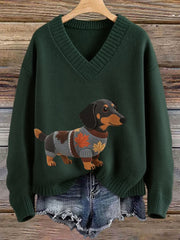 Femmes Automne Chien Art Imprimer manches longues col en V Imitation Pull