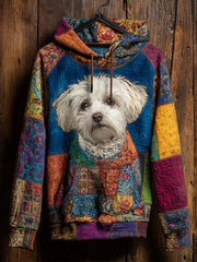 Sweat à Capuche Décontracté Vintage Patchwork Chien Imprimé Art
