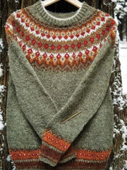 Pull islandais pour femme Jacquard Casual confortable pull col rond