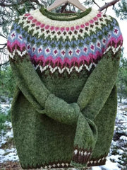 Pull islandais pour femme Jacquard Casual confortable pull col rond