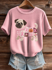 Sensibilisation au cancer du sein inspiré des femmes Pug Pattern Felt Art haut en tricot confortable
