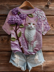 Top en tricot confortable Art à imprimé chat pour femmes