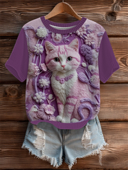 Top en tricot confortable Art à imprimé chat pour femmes