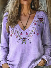 T-shirt à manches longues décontracté à col en V avec imprimé floral Alzheimer pour femmes