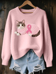 Pull en tricot confortable brodé Lovely Cat pour femmes