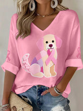 T-shirt à manches longues pour femmes Rose Chien Rose Ruban Soutien Sensibilisation au Cancer du Sein