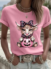 Women's Breast Cancer Awareness Highland Cow Imprimer T-shirt décontracté
