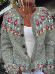 Pull islandais d'hiver pour femmes col rond lâche bouton Cardigan