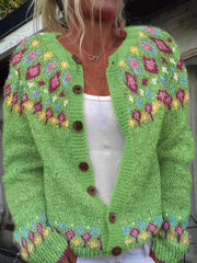 Pull islandais d'hiver pour femmes col rond lâche bouton Cardigan