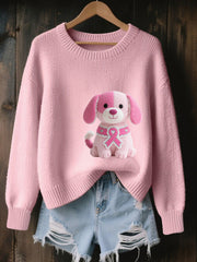 Pull Cozy en Tricot Femme Rose Imprimé Cancer Du Sein