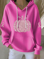 Sweat à Capuche Décontracté Femme Rose Citrouille Imprimé Sensibilisation au Cancer du Sein