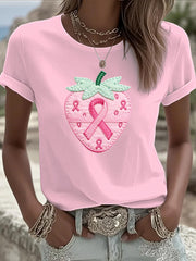 T-shirt Femme Rose Cancer Du Sein Imprimé Fraise Brodé