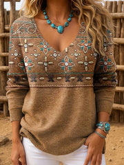 Haut côtelé à col en V imprimé à motif rétro western pour femmes