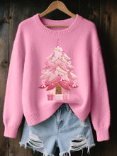 Pull Femme Rose Brodé Arbre De Noël Cozy En Tricot