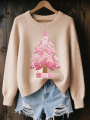 Pull Femme Rose Brodé Arbre De Noël Cozy En Tricot