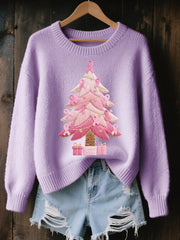 Pull Femme Rose Brodé Arbre De Noël Cozy En Tricot