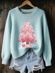 Pull Femme Rose Brodé Arbre De Noël Cozy En Tricot