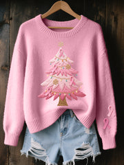 Pull Femme Rose Brodé Arbre De Noël Cozy En Tricot