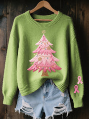Pull Femme Rose Brodé Arbre De Noël Cozy En Tricot